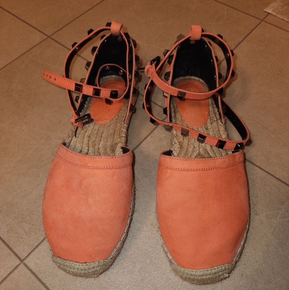 Rebecca Minkoff bright coral suede studded ankel espadrilles. Super comfy.